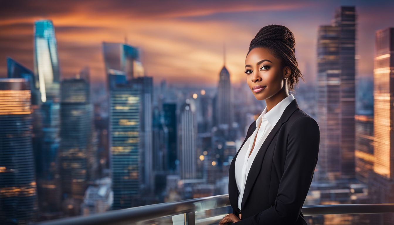 A confident businesswoman posing in front of a vibrant city skyline.