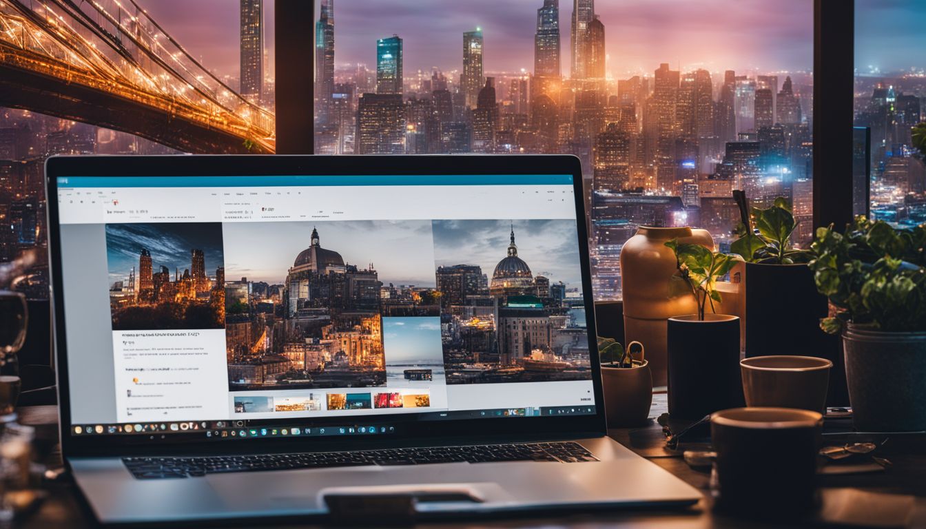 A laptop with a creative graphic design surrounded by various business-related objects and cityscape photography.