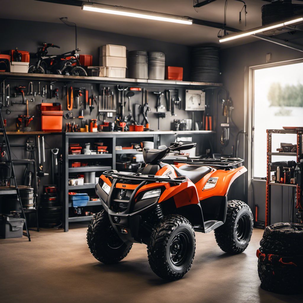 A well-organized garage with a clean ATV and neatly organized tools.