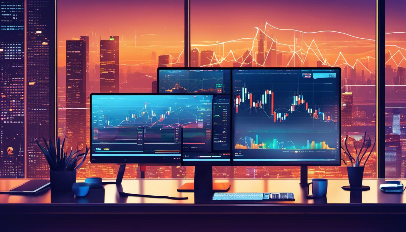 A modern setup with multiple cryptocurrency exchange screens surrounded by a cityscape.