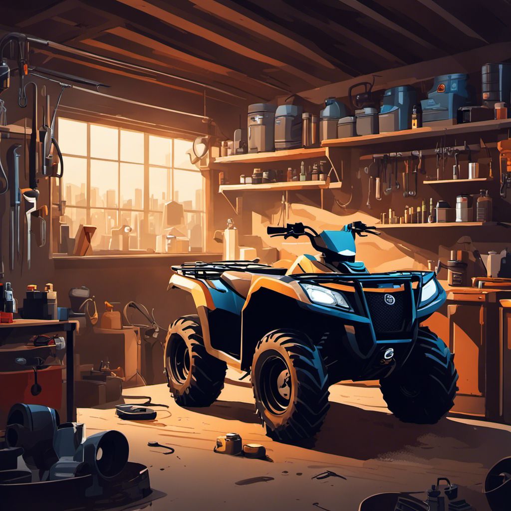 A mechanic's garage with an ATV, tools, and a cityscape photo.