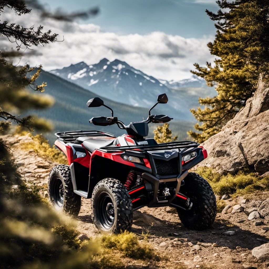 An ATV battery rests beside a rugged ATV on a rocky trail.