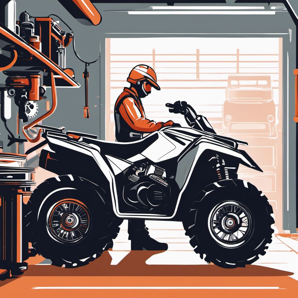 A mechanic examines an ATV's radiator with precision and expertise.