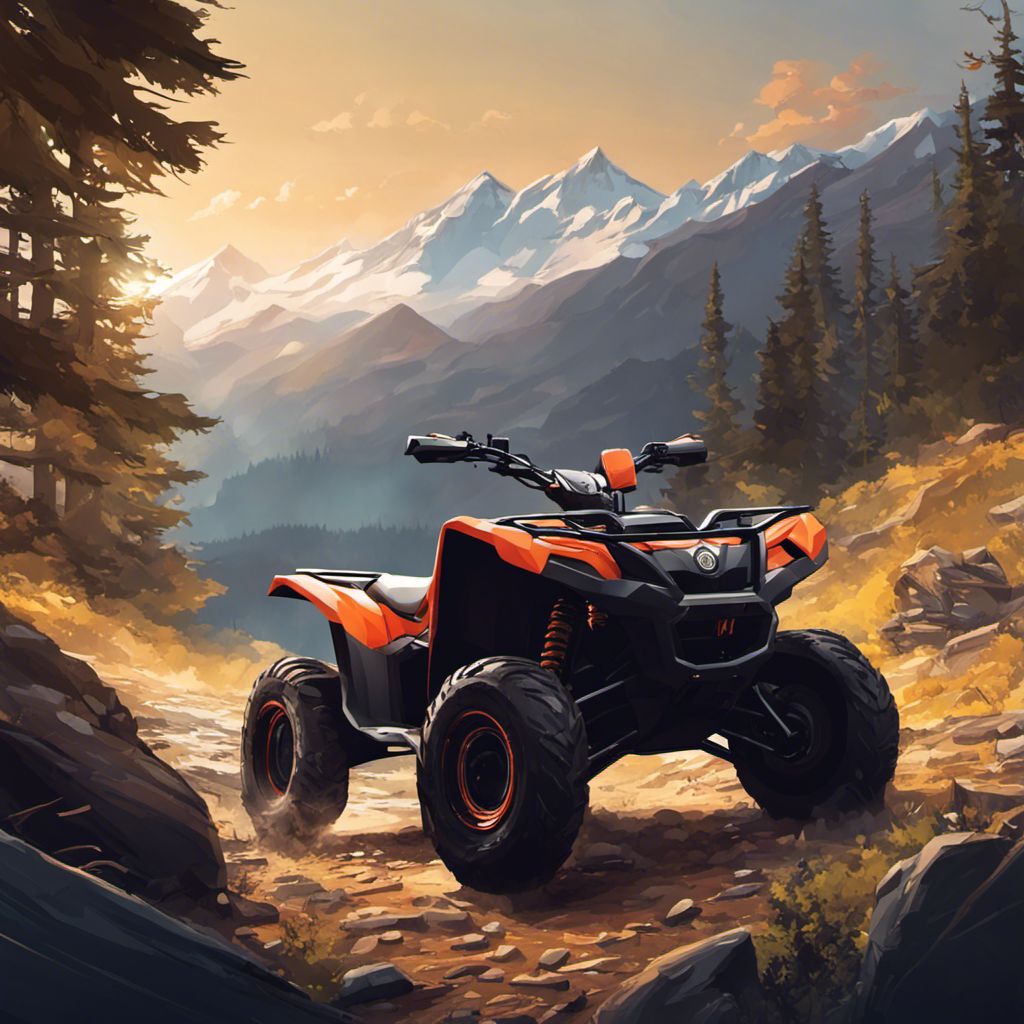 Flat design ATV maneuvering through rugged mountainous terrain with breathtaking landscape.