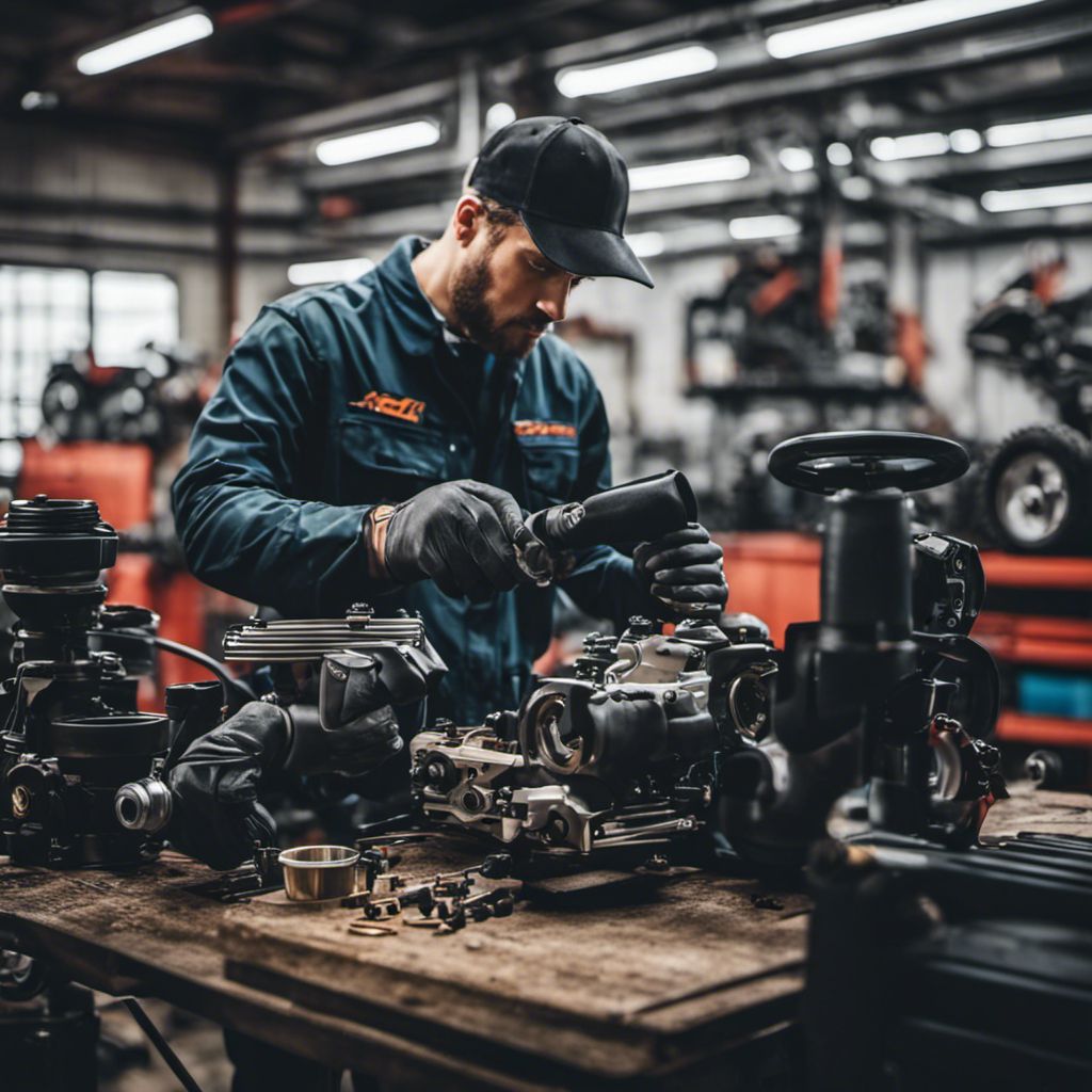 A skilled mechanic inspecting an ATV's differential in a workshop.