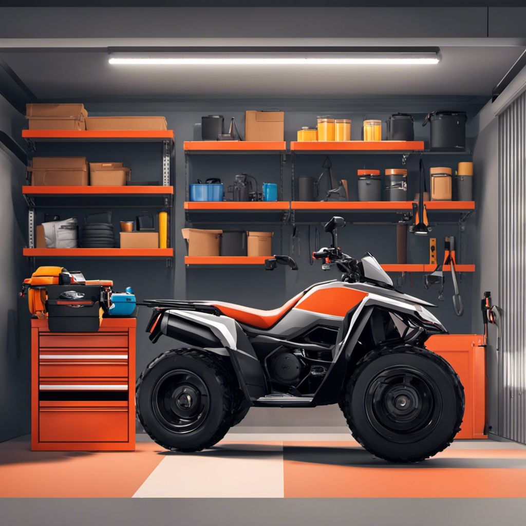 Efficiently organized garage with parked ATV and storage tools.