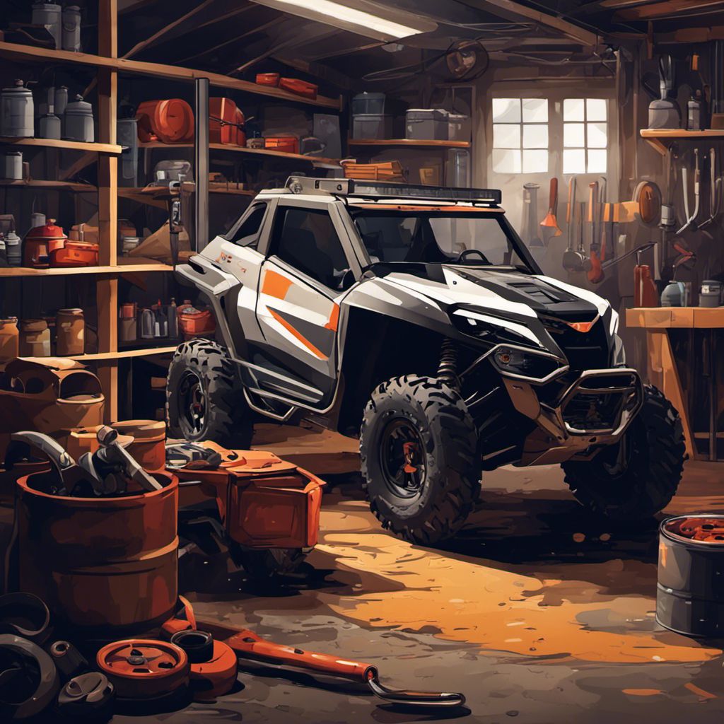 An ATV parked in a cluttered garage, showcasing its mechanical beauty.