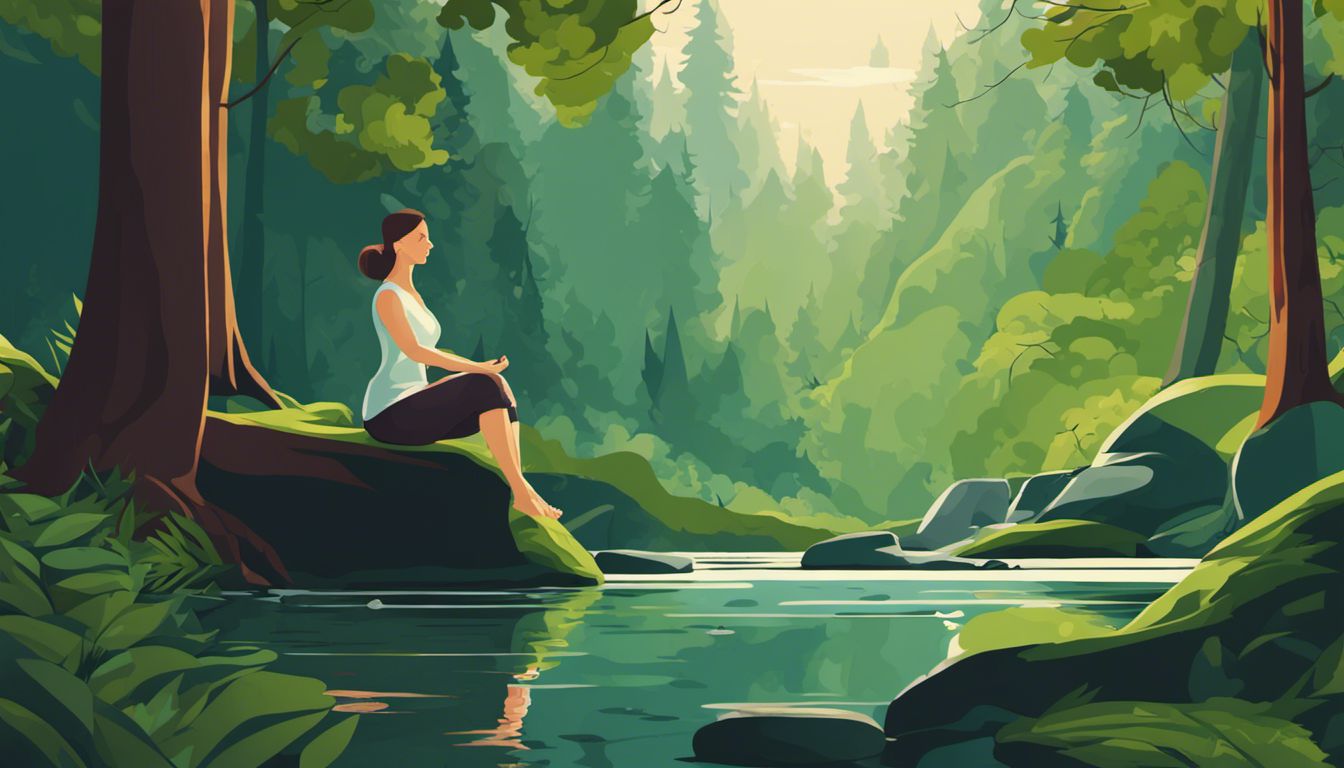 A woman meditates in a serene forest surrounded by towering trees.