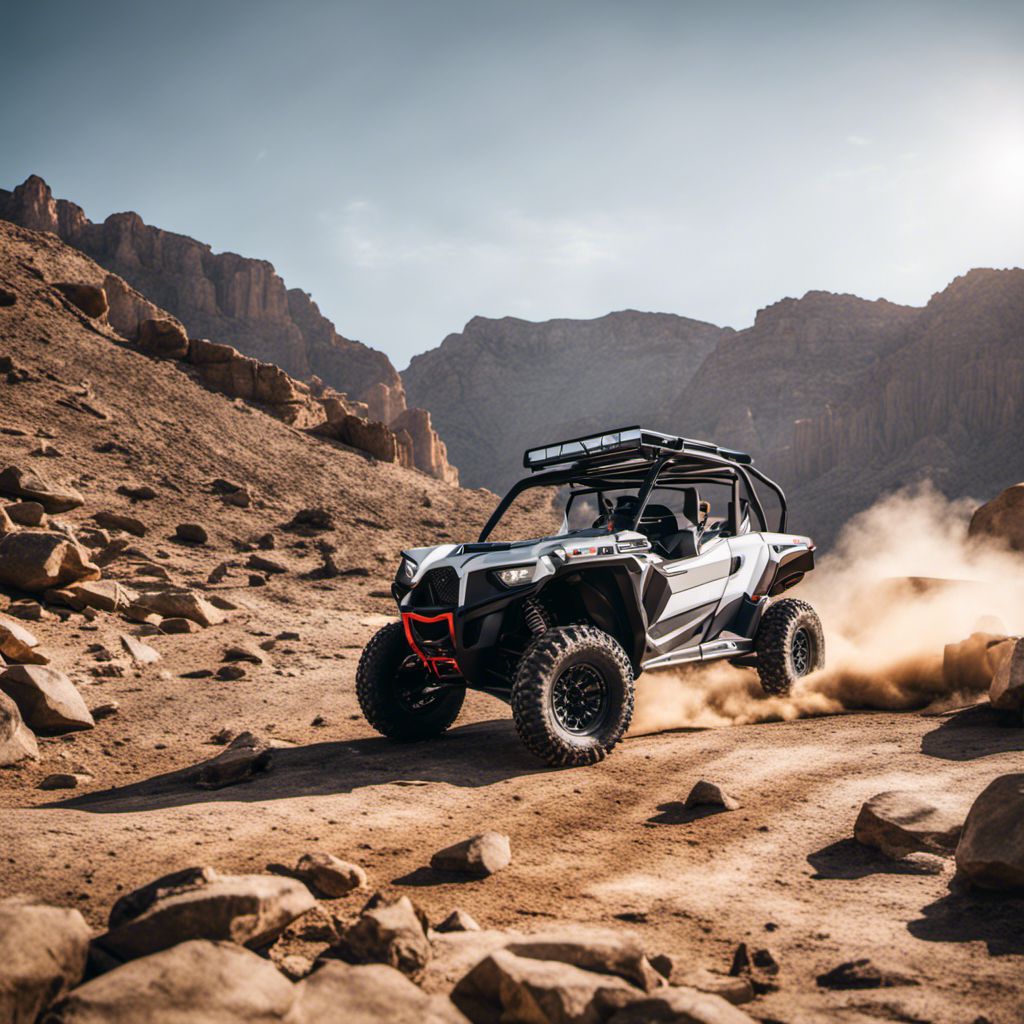 A clean ATV winch stands out amidst a rocky desert landscape.