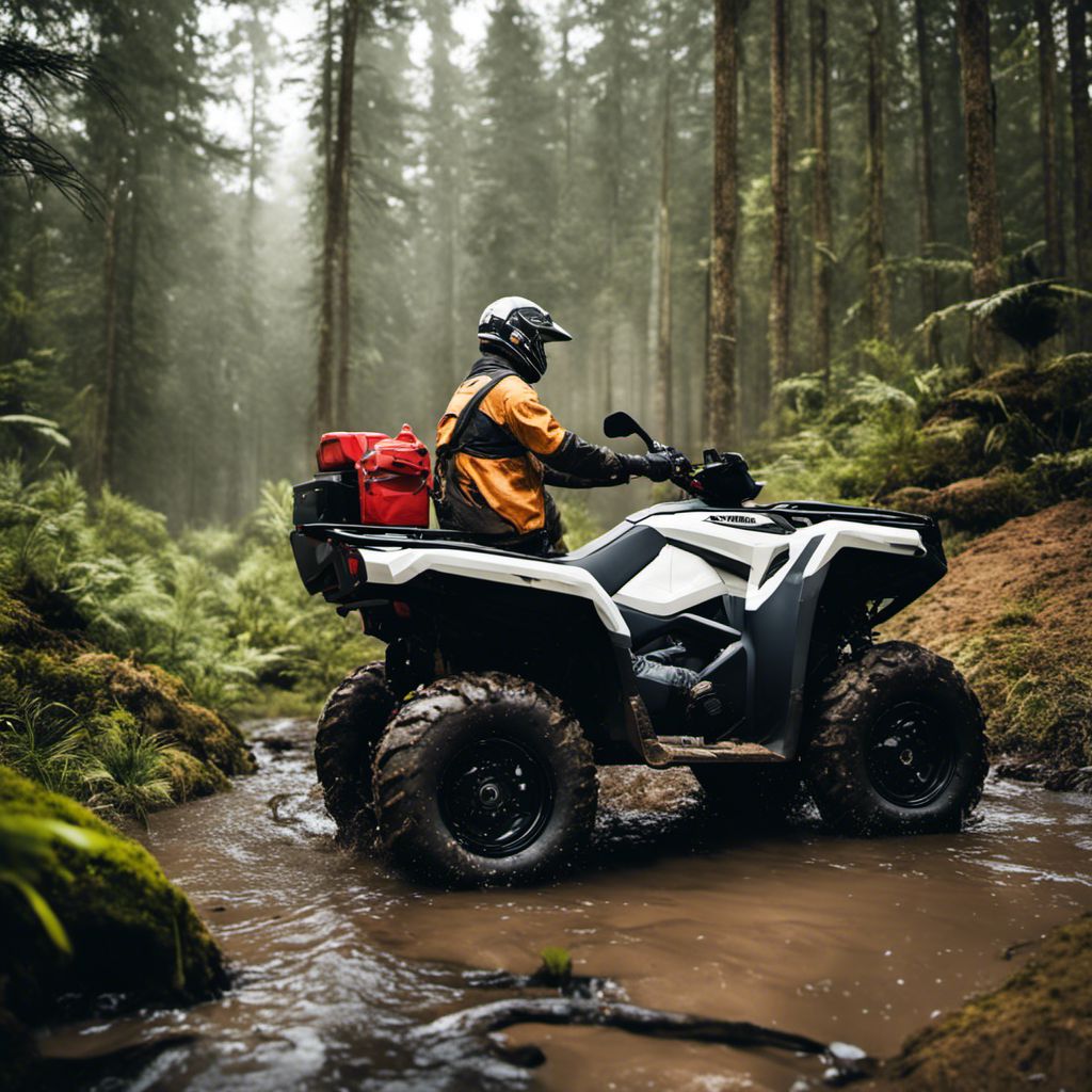 A person cleaning an ATV in a muddy outdoor environment.