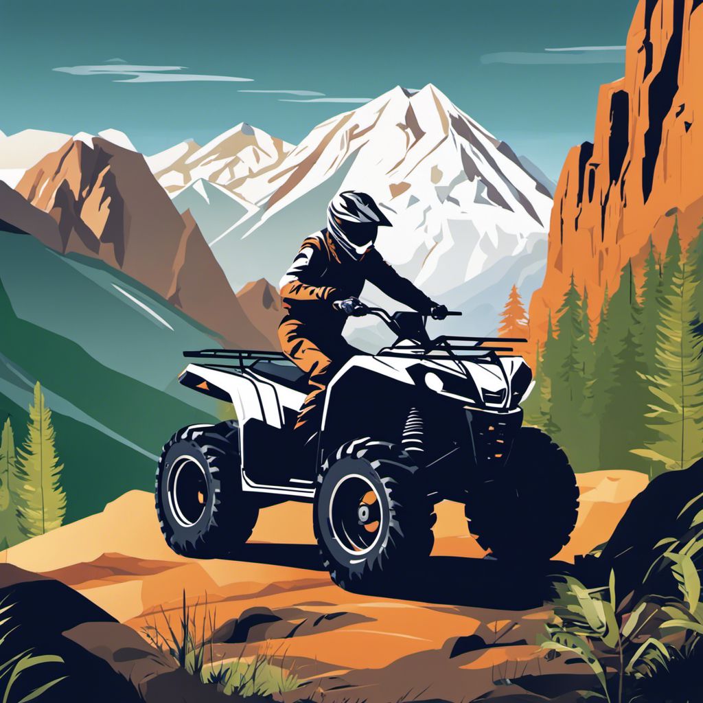 A person in ATV gear inspecting their ATV in a mountainous landscape.