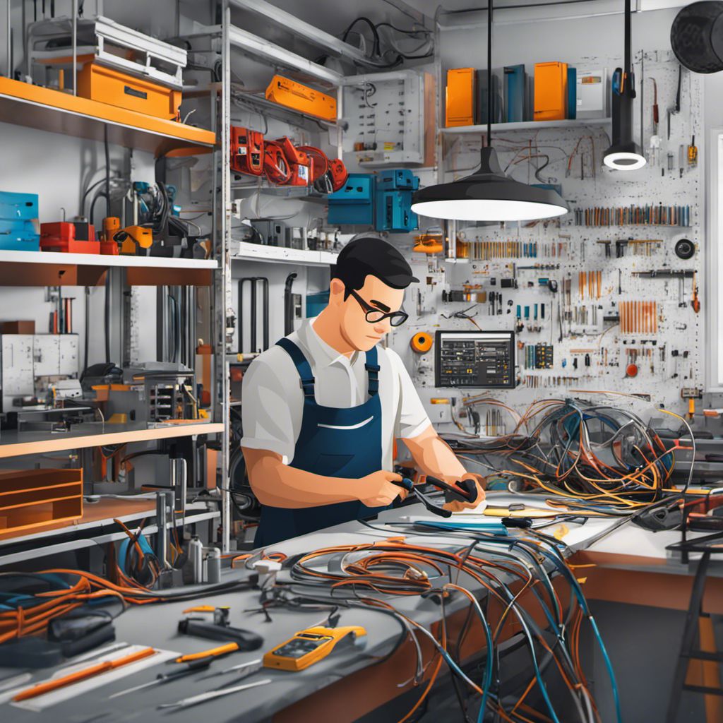 A skilled technician carefully repairing a wiring harness in a well-organized workshop.