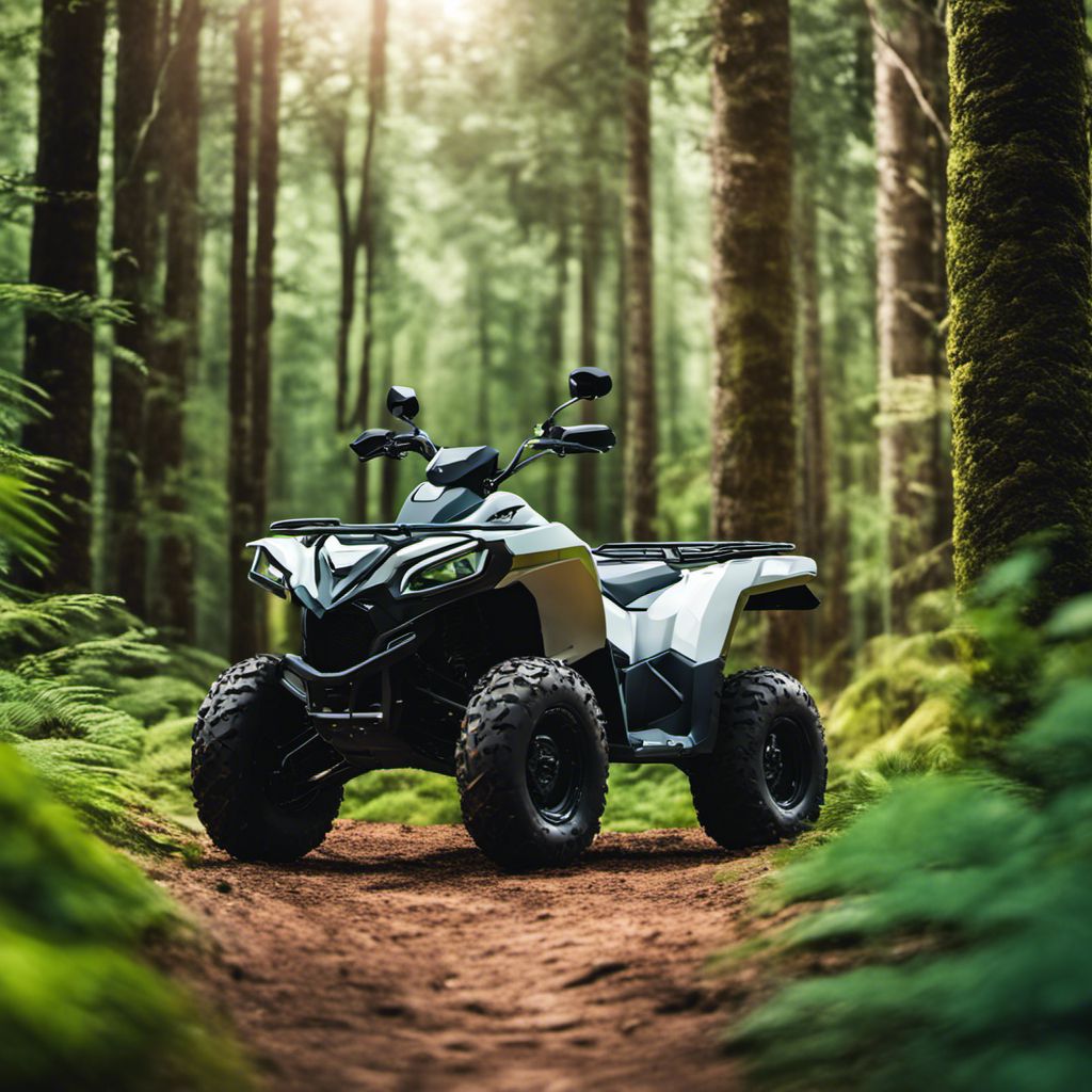 ATV parked in a green forest with cleaning and protective products.