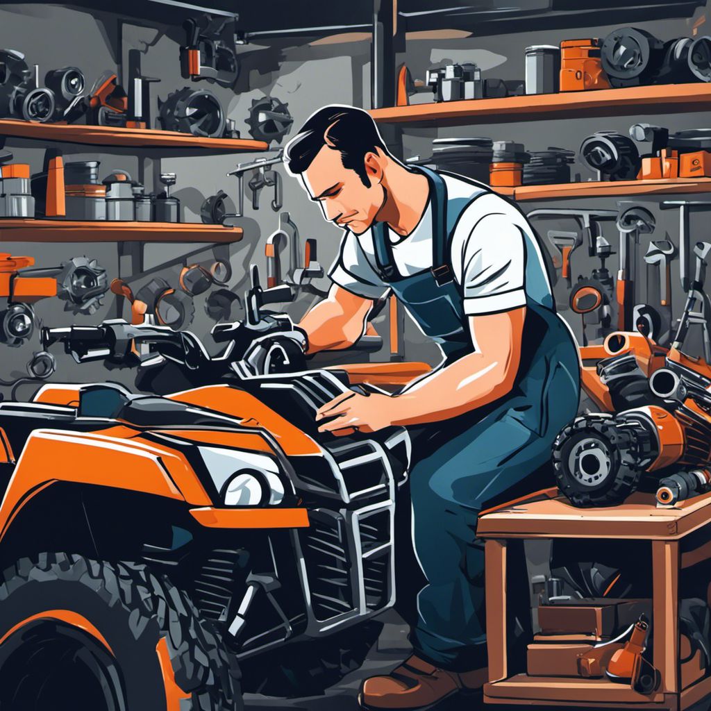 A skilled mechanic examining an ATV engine in cluttered workshop.