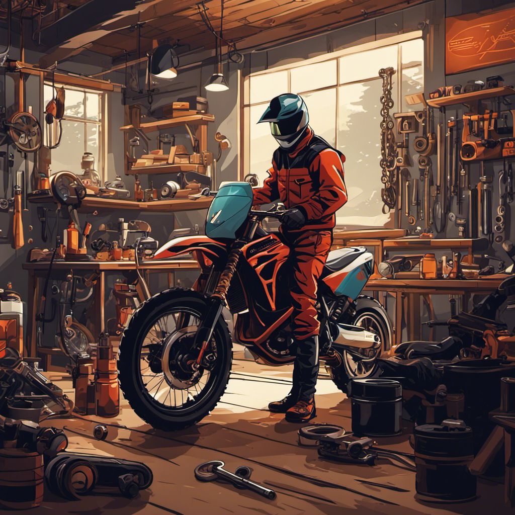 A dirt bike rider inspects chain tension in a motorcycle workshop.