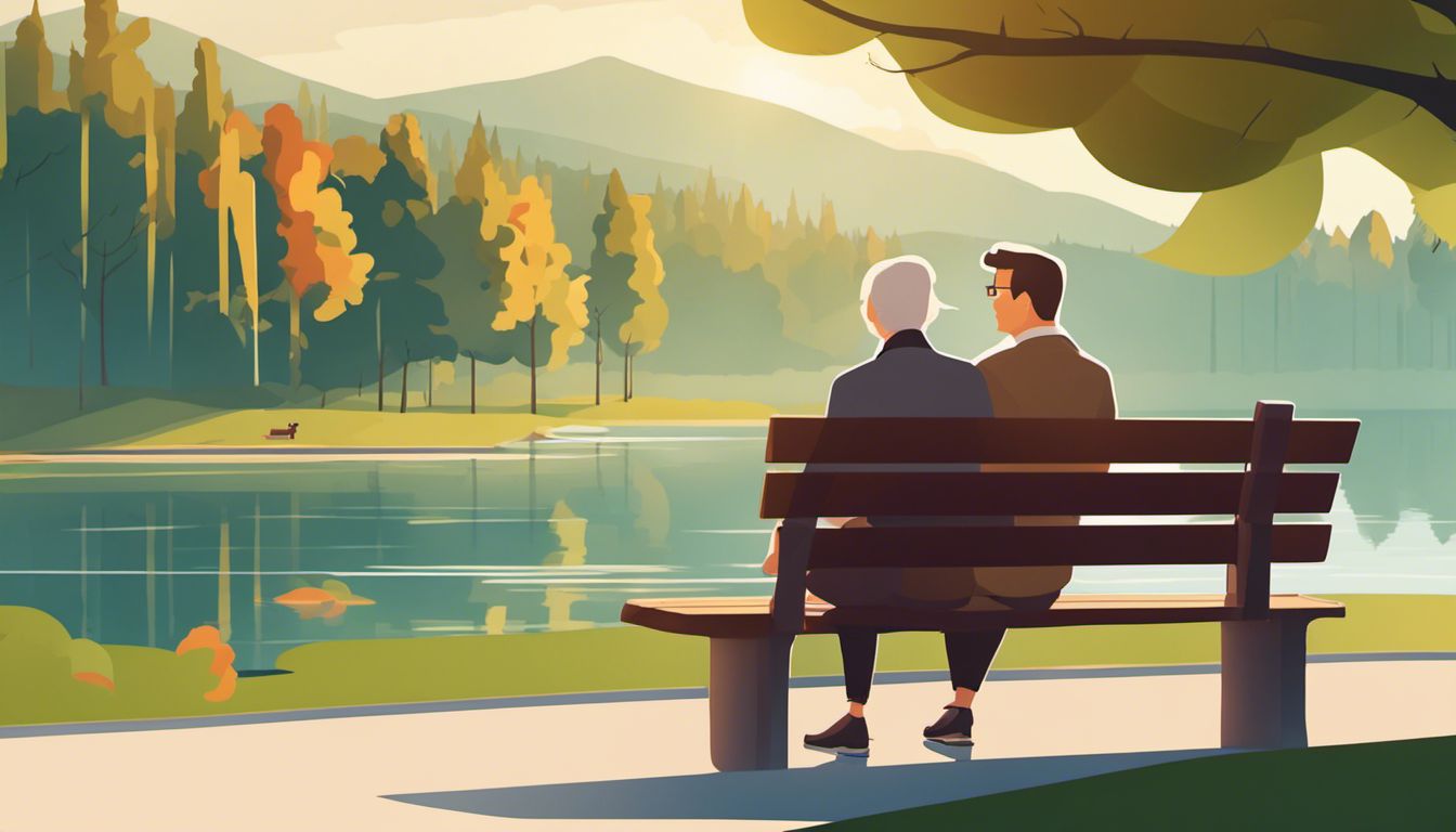 Two professionals enjoying a friendly conversation on a park bench.