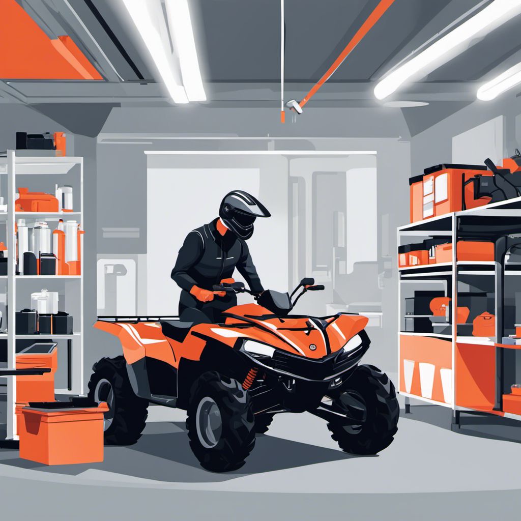 A person carefully cleaning an ATV in a well-organized garage.