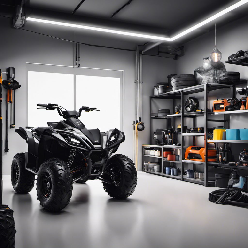 A perfectly kept ATV in a clean and organized garage.