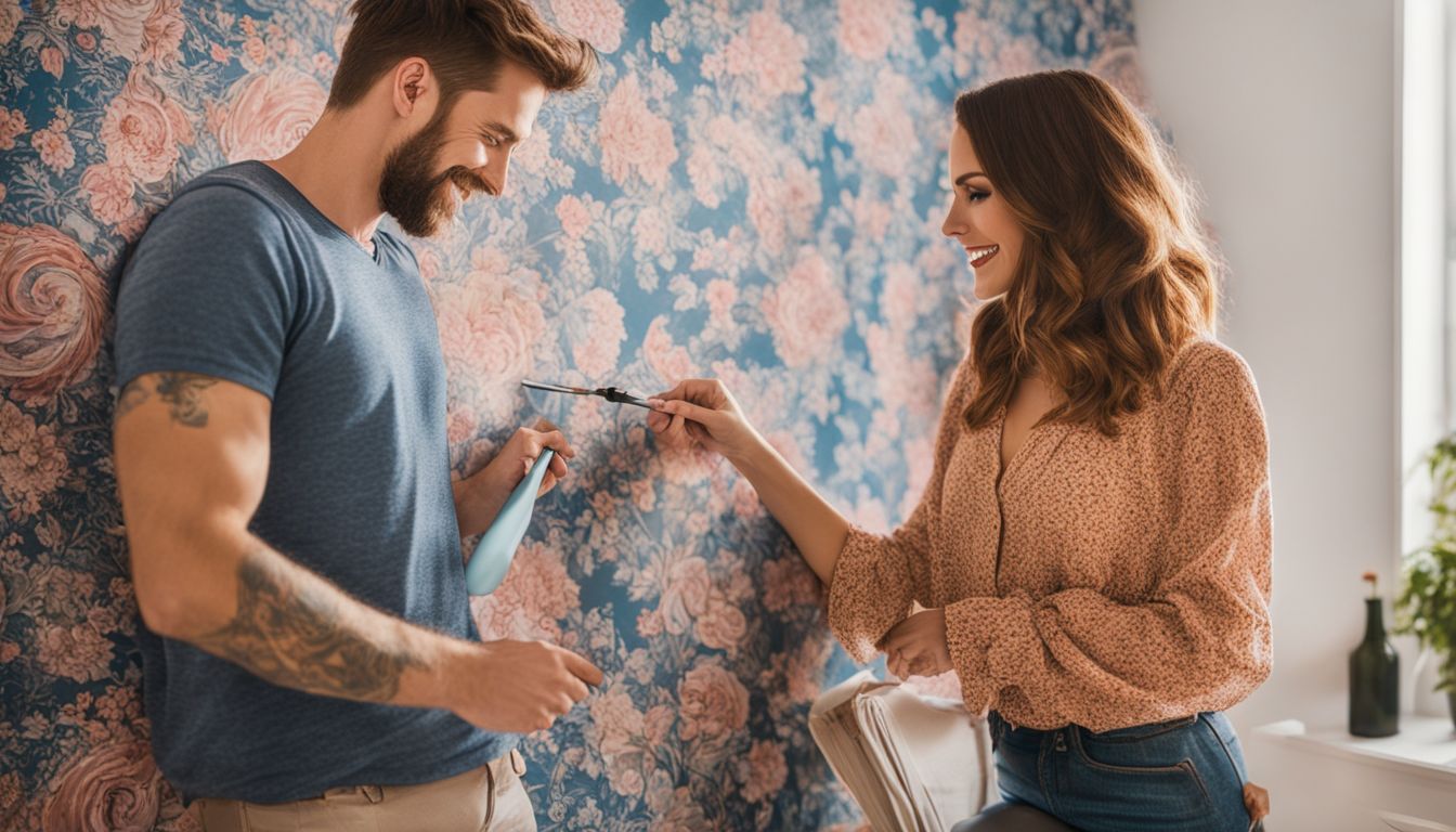 A young couple happily applies colorful wallpaper to their rental apartment.