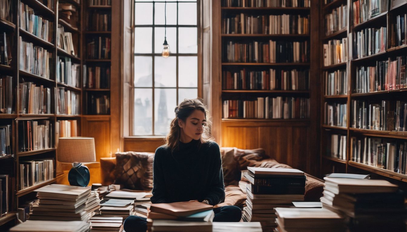 A person surrounded by books in a cozy library setting.