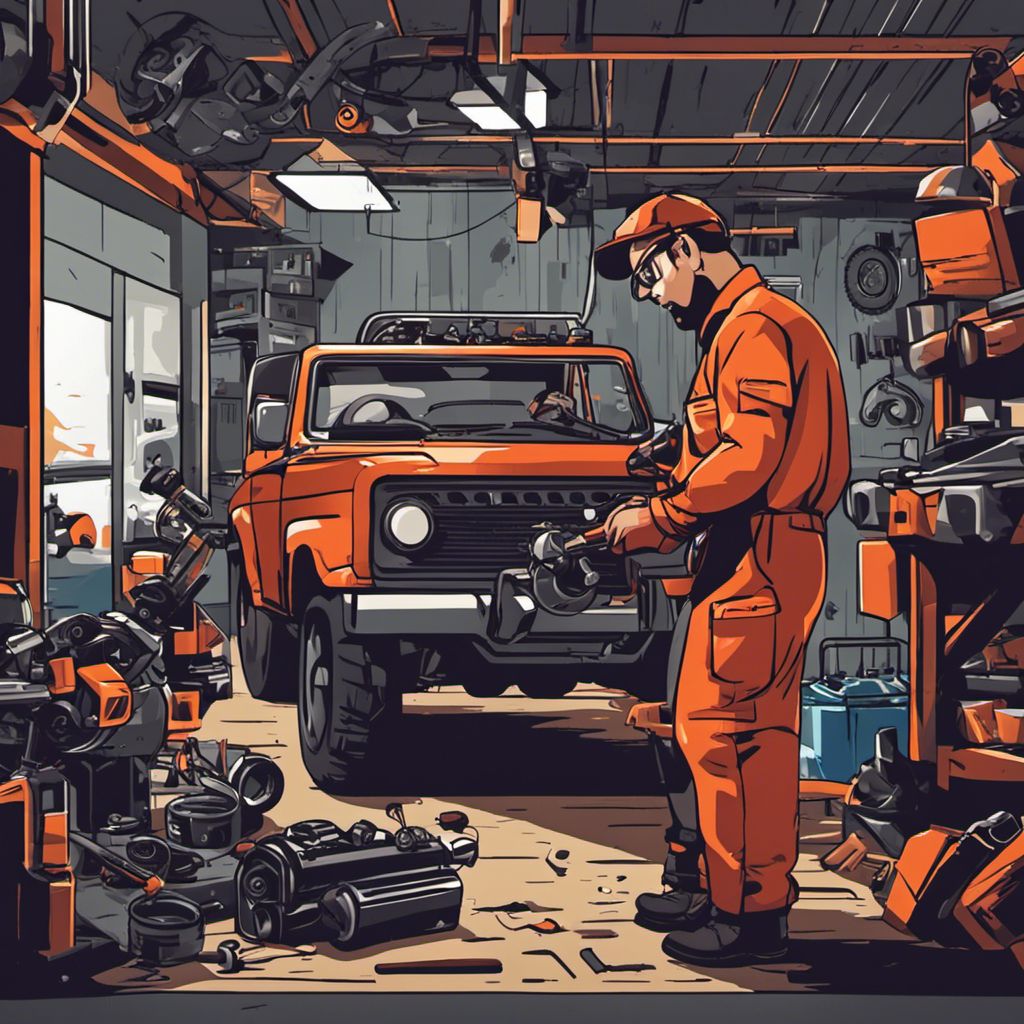 A mechanic thoroughly inspects an ATV engine in cluttered garage.