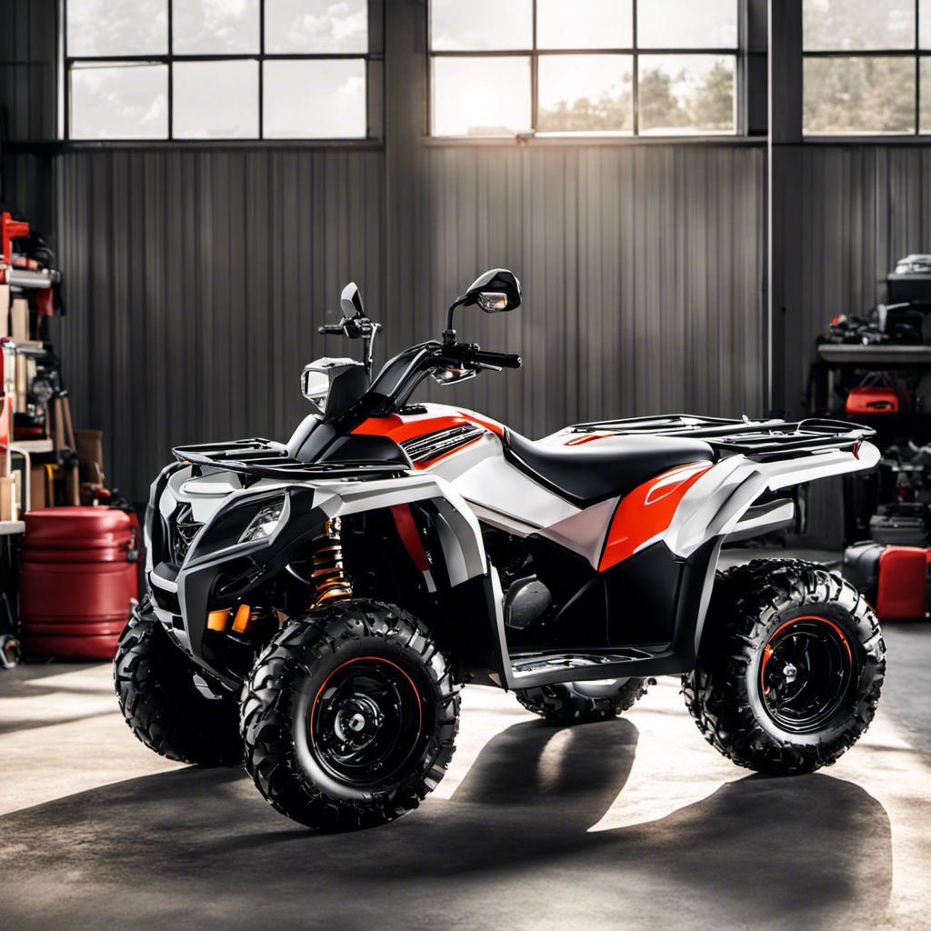 A pristine ATV parked in a garage surrounded by tools.