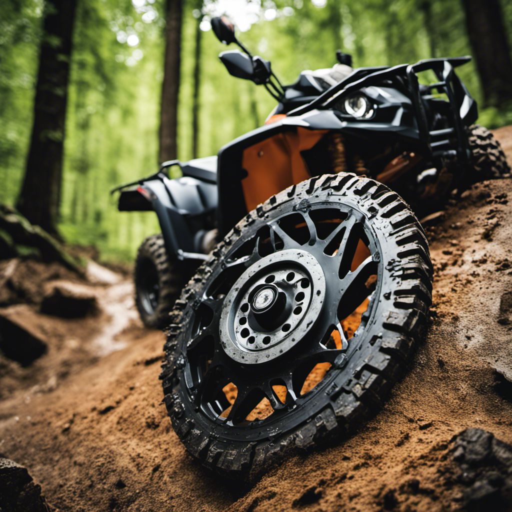 Muddy ATV brake pad and disc reveal off-road adventures.