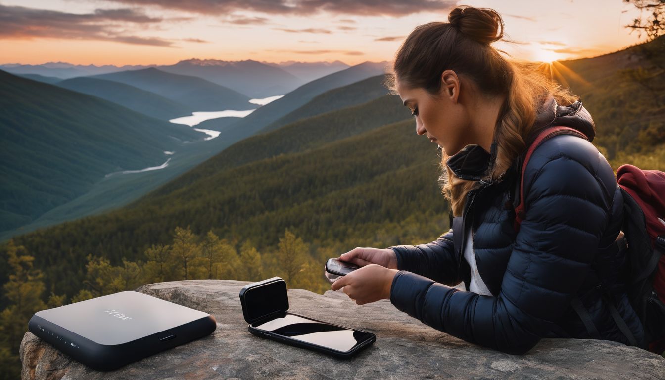 A person using a portable wireless charger in a scenic outdoor setting.