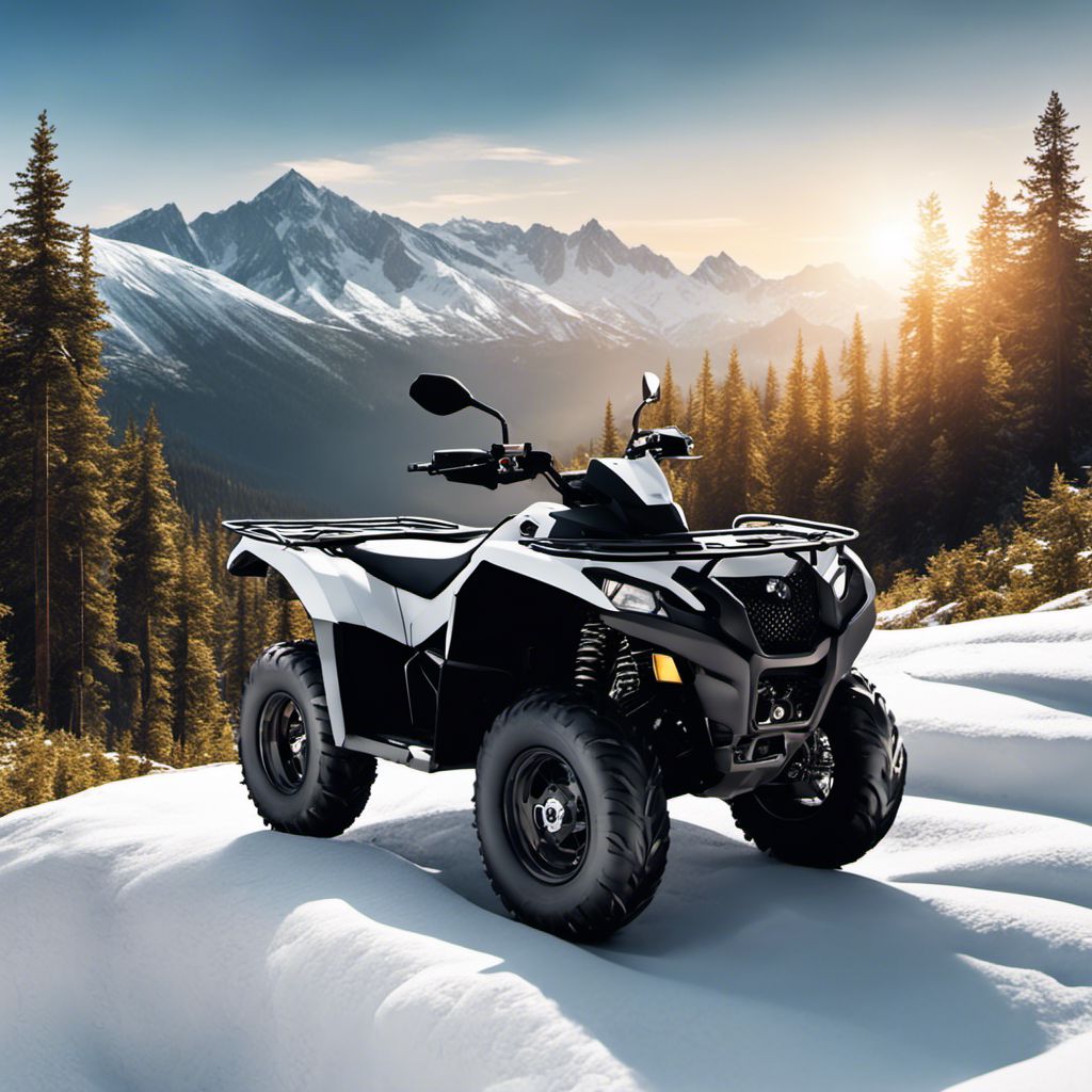 An ATV blends into a picturesque mountain landscape with pine trees.