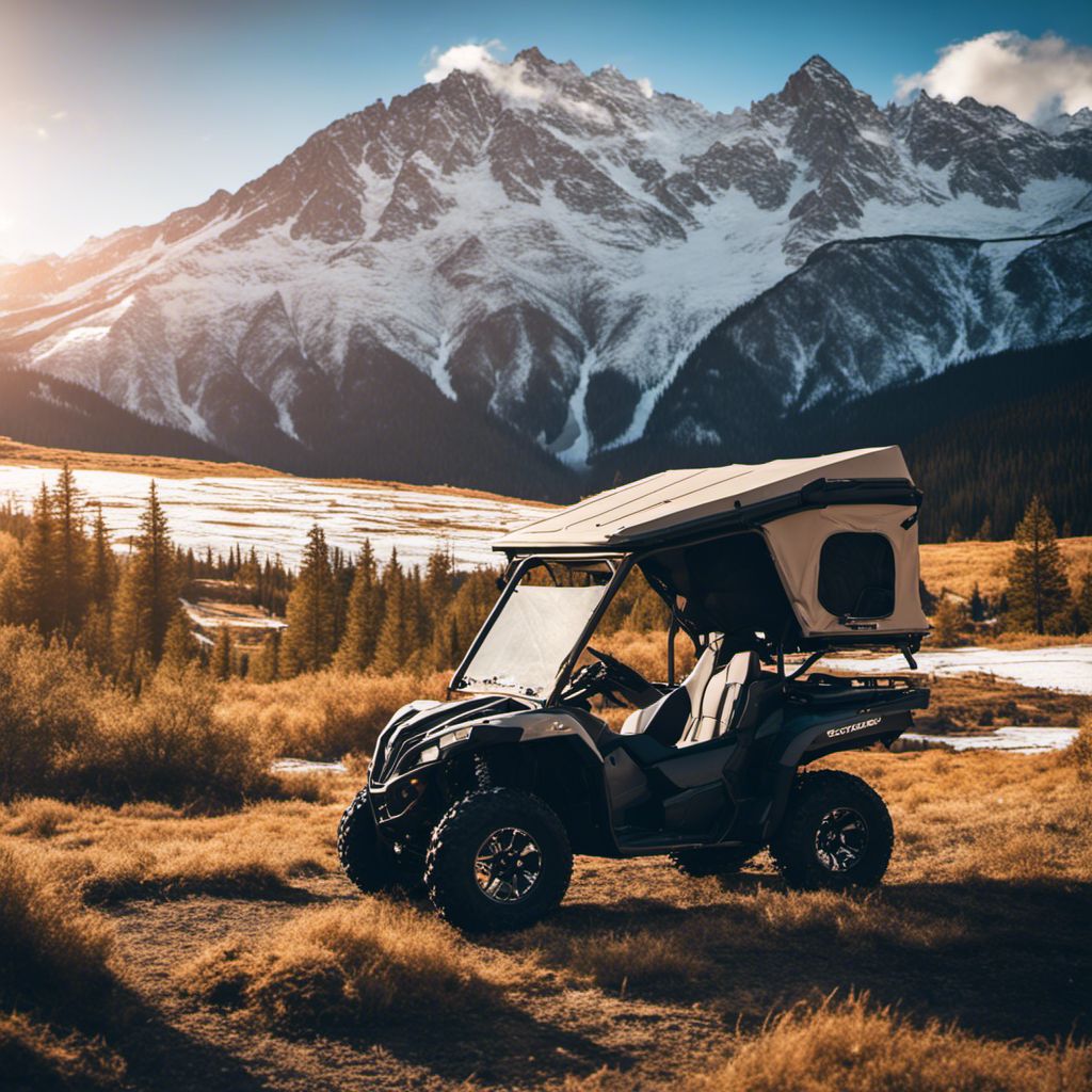 An ATV parked in a rustic outdoor storage shed surrounded by snowy mountains.