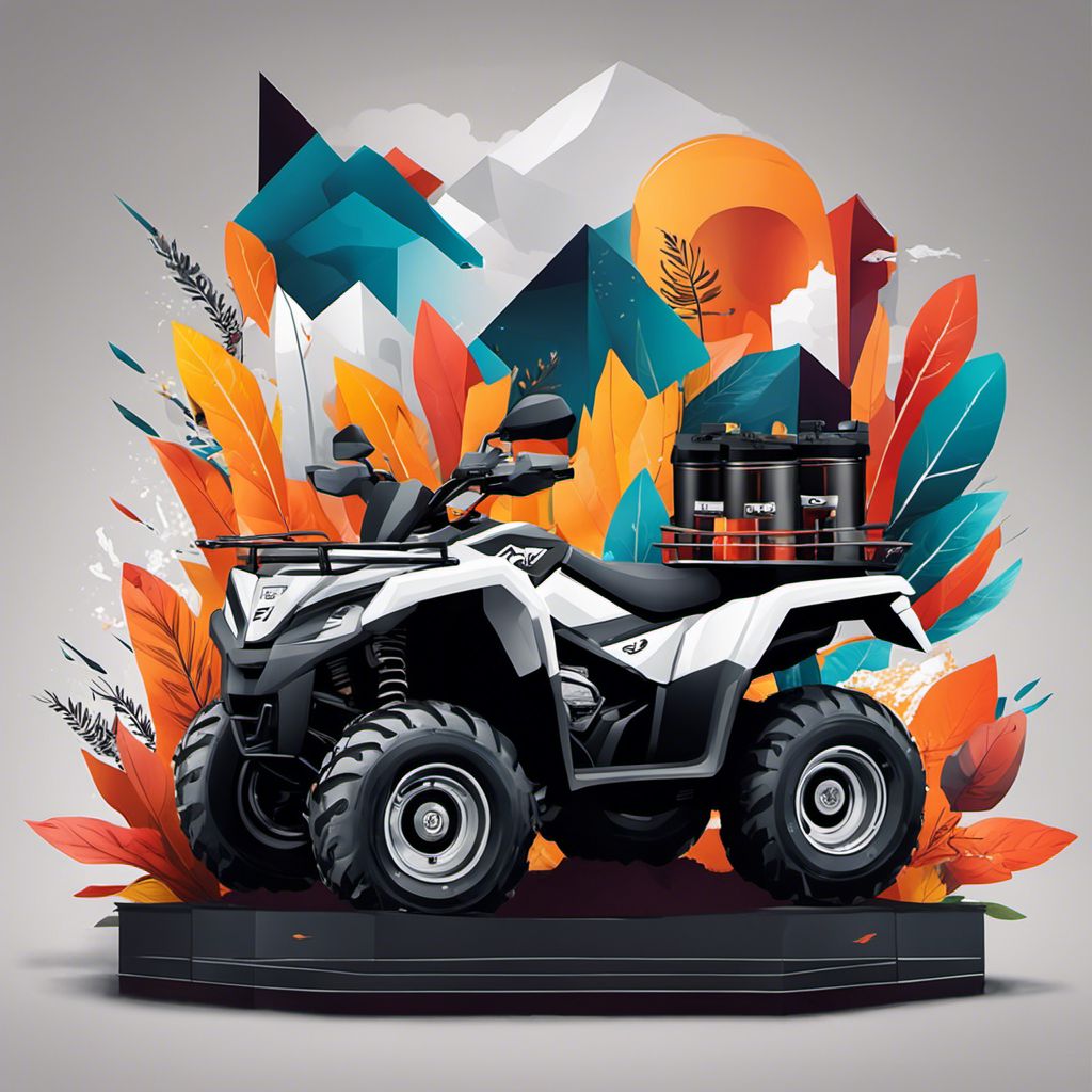 An ATV parked next to a battery display showcases power and versatility.