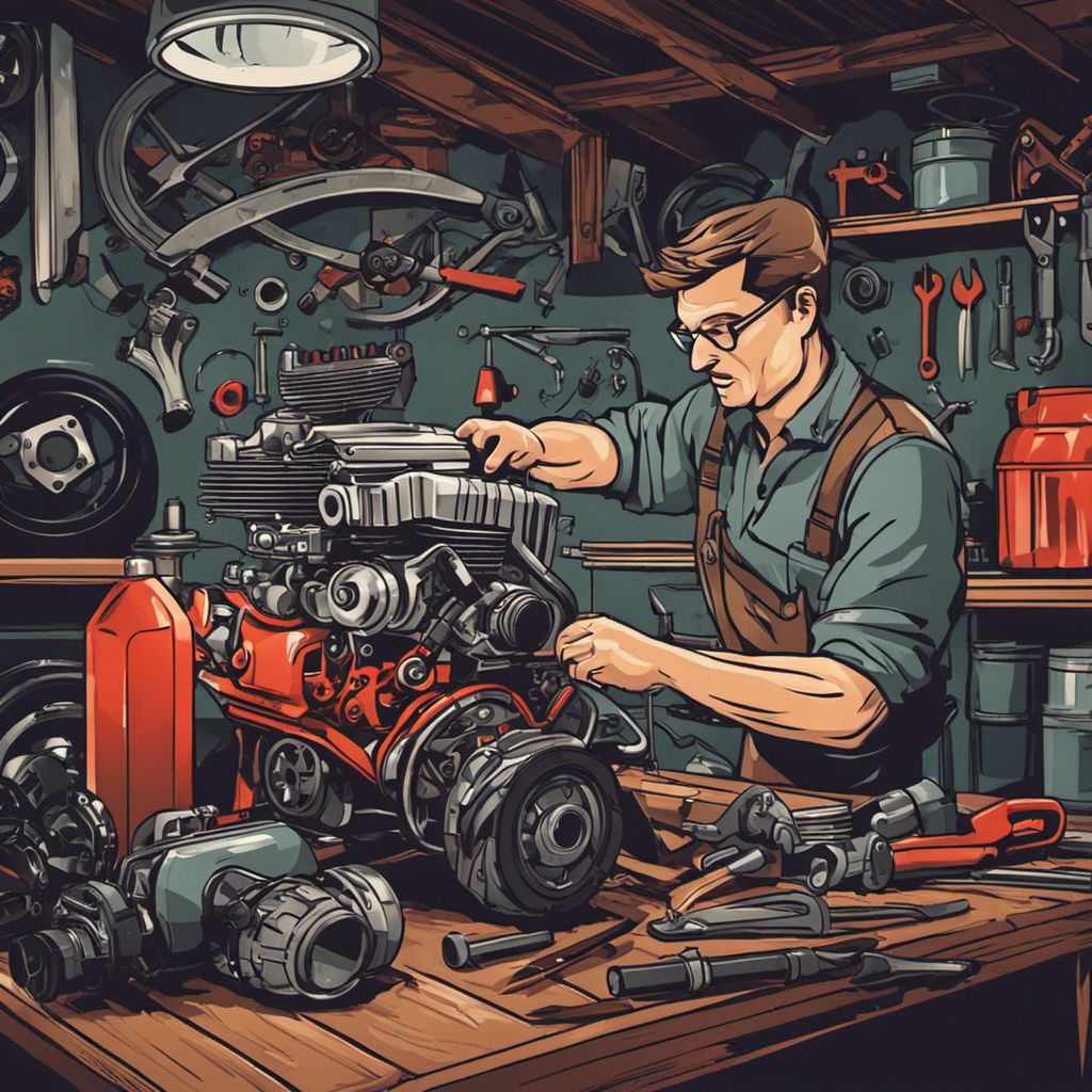 A mechanic expertly examines an ATV engine among a busy garage.