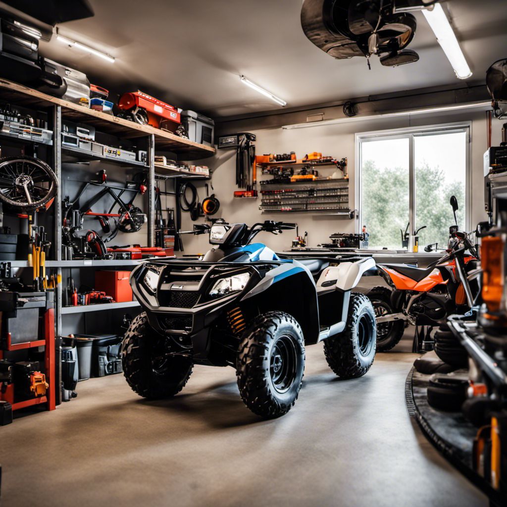Well-organized garage with an ATV and mechanic at work.