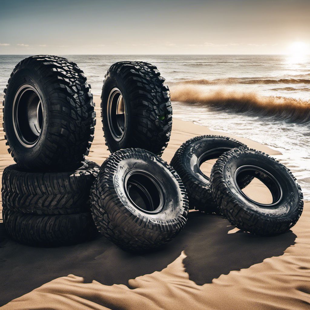 ATV tires lined up on a sandy beach with crashing waves.