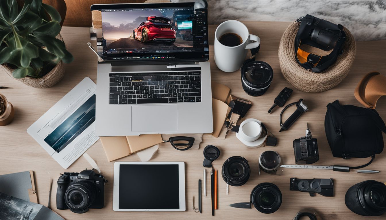 A laptop surrounded by tools, resources, and diverse cityscape photography.