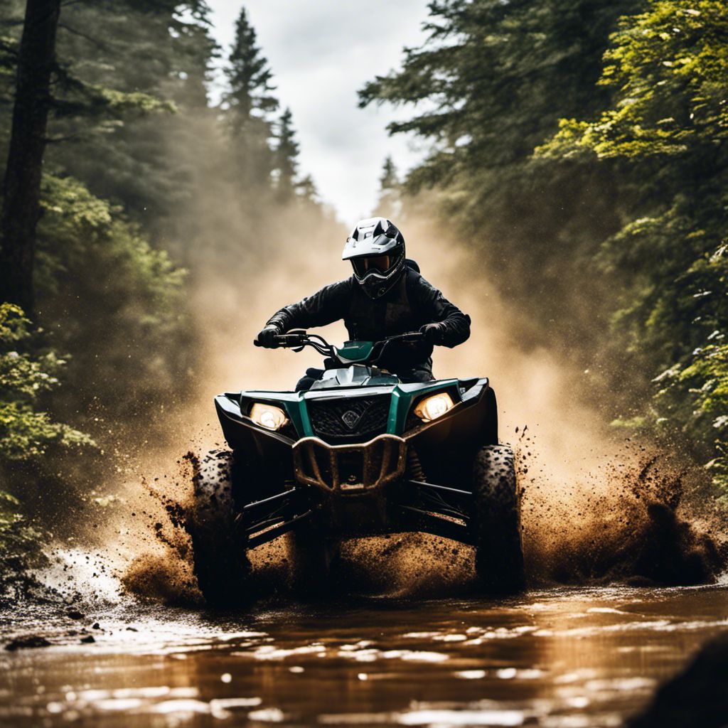 An ATV powers through muddy trail surrounded by dense foliage.