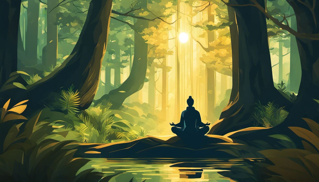 A person meditating in a serene forest surrounded by tall trees.