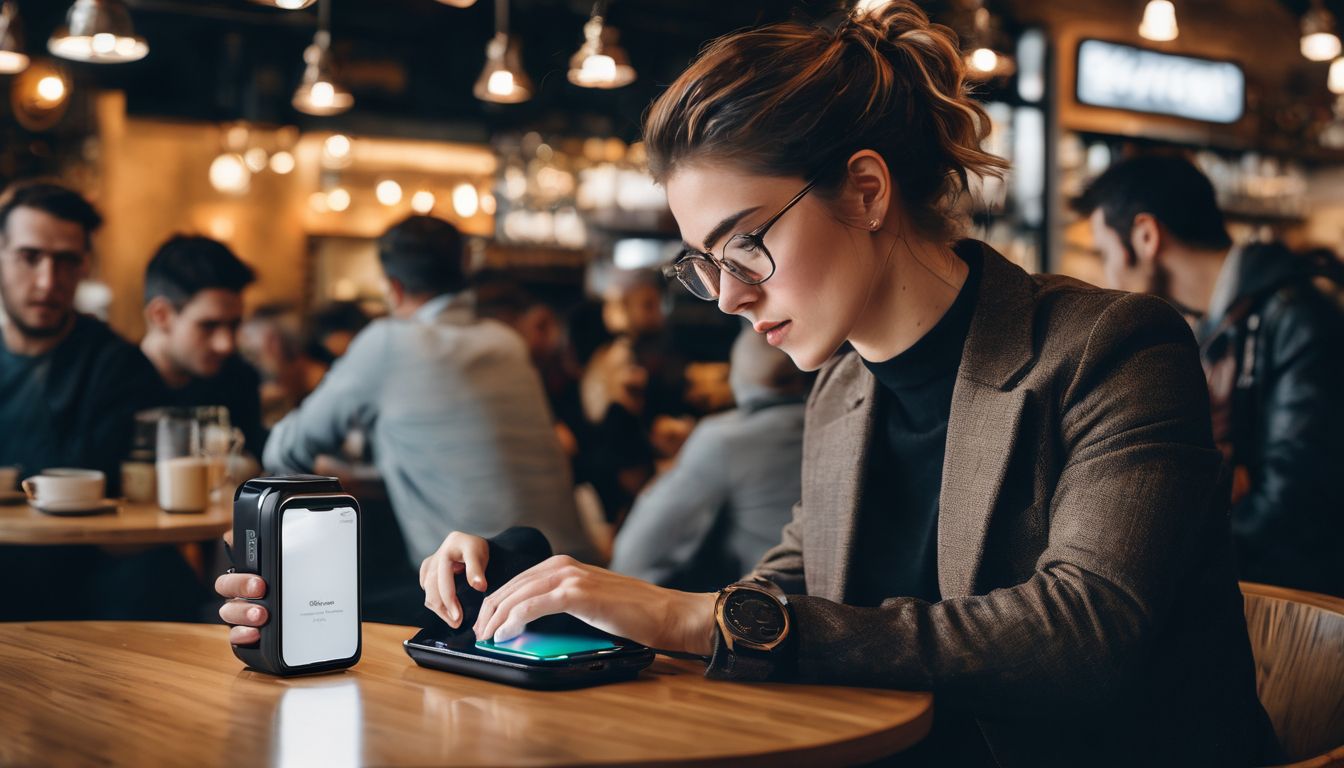 A person using a portable wireless charger amidst a bustling café.