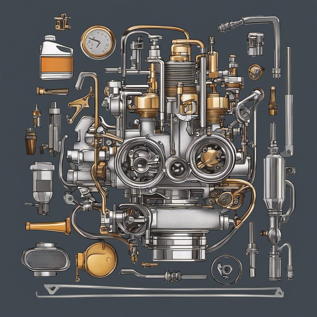 A detailed depiction of a meticulously maintained motorcycle carburetor surrounded by tools.