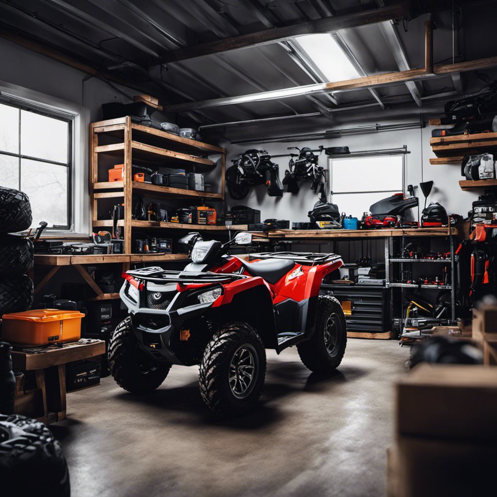 A person disconnects the battery of their ATV in a well-organized garage.