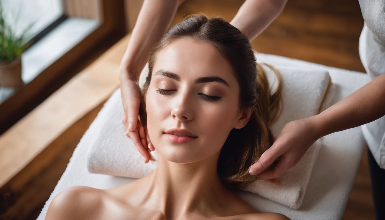 A woman receiving a relaxing neck massage from a professional therapist.