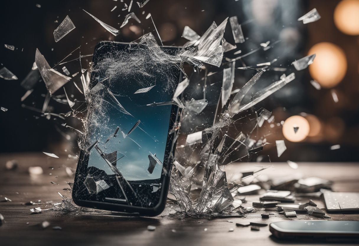 A shattered smartphone screen surrounded by shocked and confused reactions.