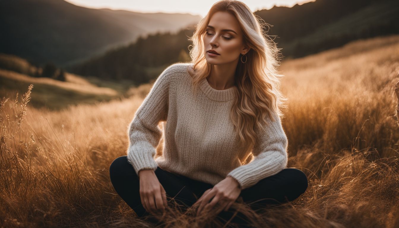A person in a luxurious cashmere sweater in a peaceful natural setting.