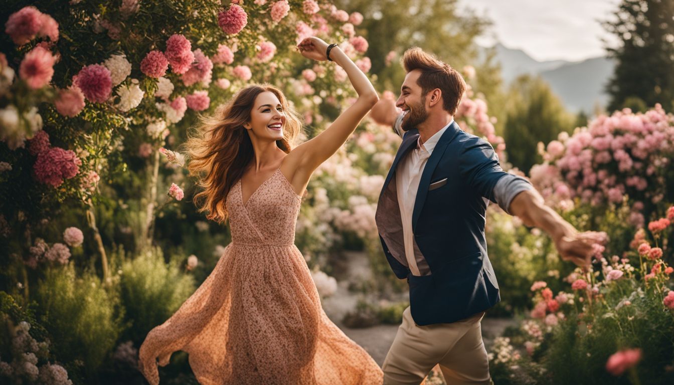 A couple dancing happily in a beautiful garden surrounded by flowers.