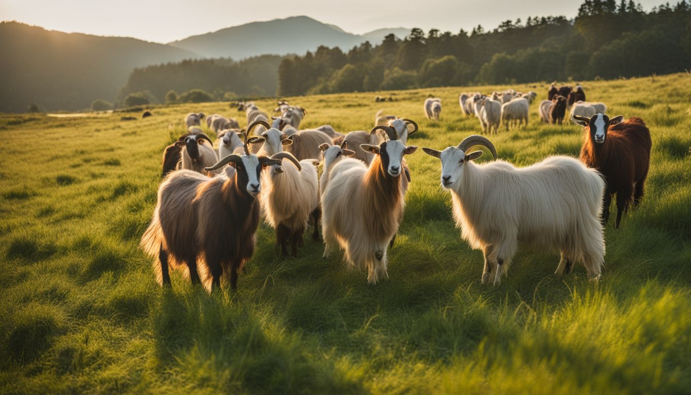 A herd of cashmere goats grazing in a lush green pasture.