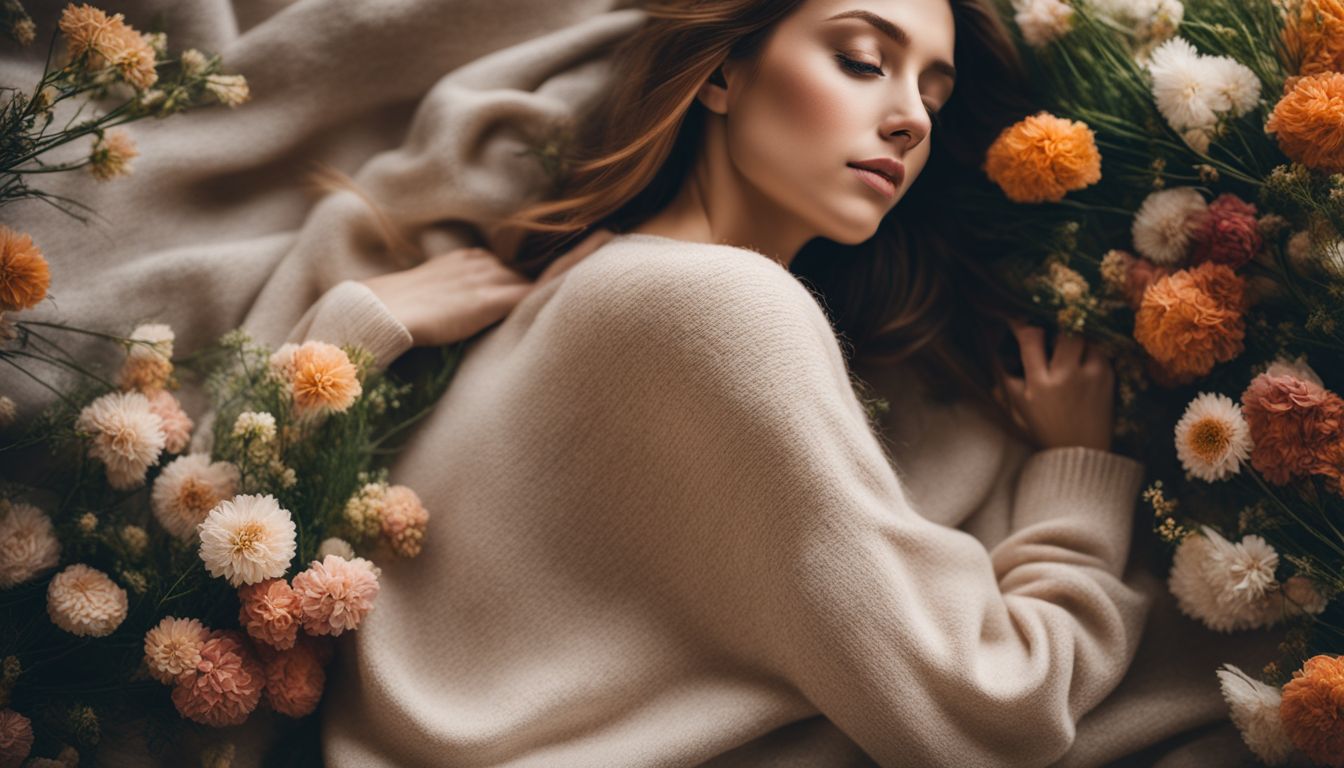 A soft cashmere sweater surrounded by delicate flowers in a bustling atmosphere.