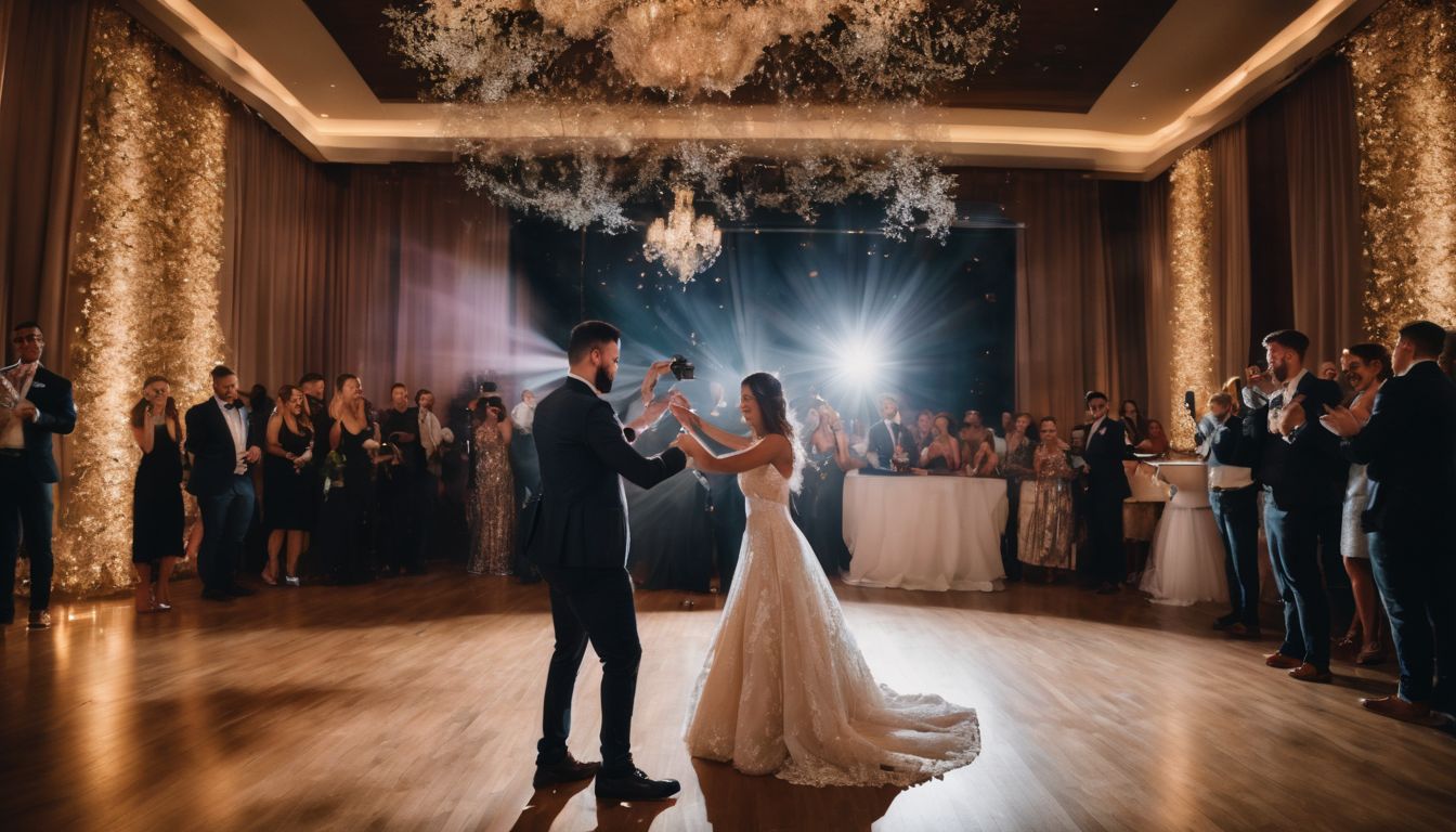 A wedding videographer captures a couple's first dance in a beautifully decorated reception hall.