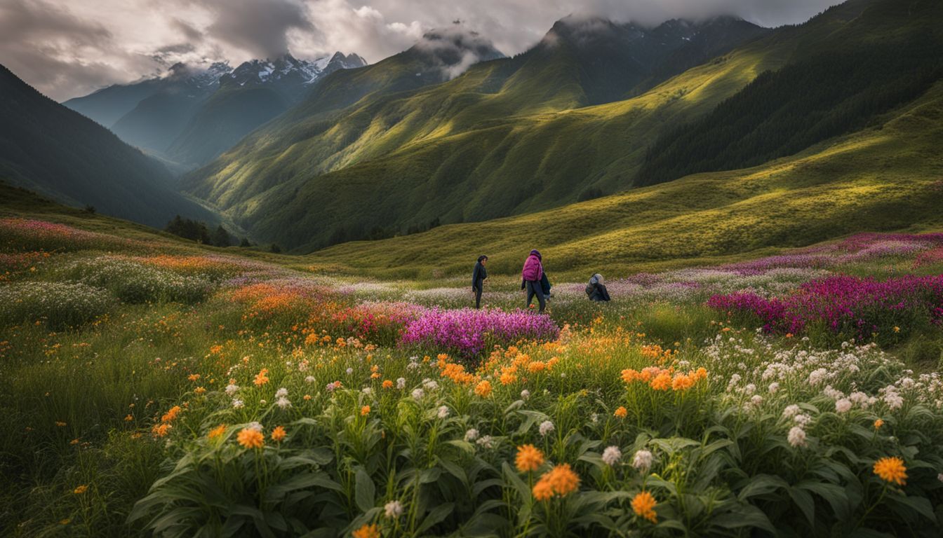 A picturesque field of blooming cashmere plants surrounded by lush mountains.