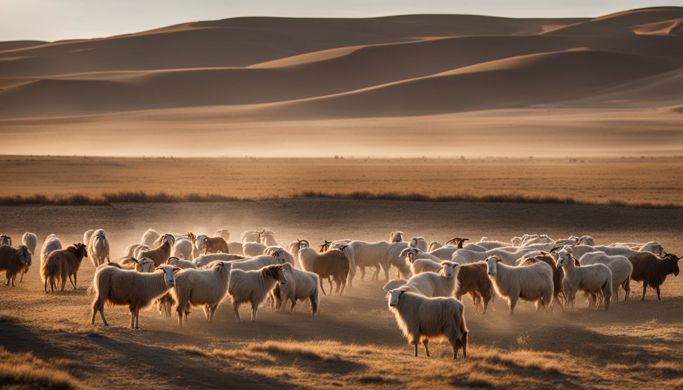 A herd of cashmere goats grazing in the Gobi Desert.