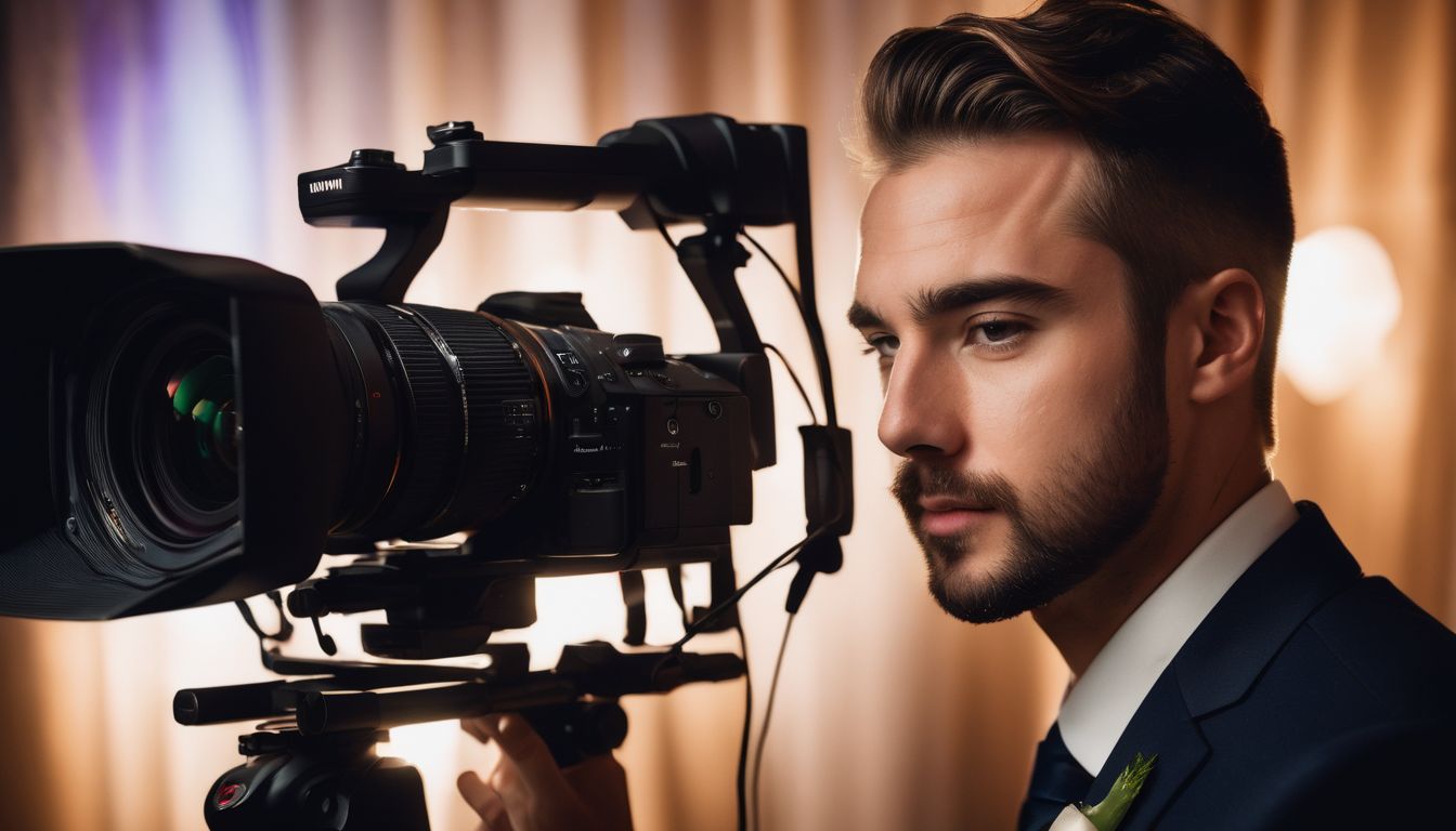 A professional wedding videographer capturing special moments with high-quality equipment.